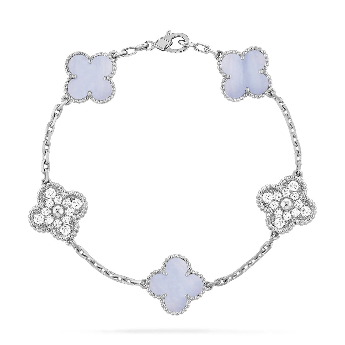 PULSERA DE PLATA CON 5 MOTIVOS DE TRÉBOL Y CALCEDONIA PÚRPURA DE DIANA
