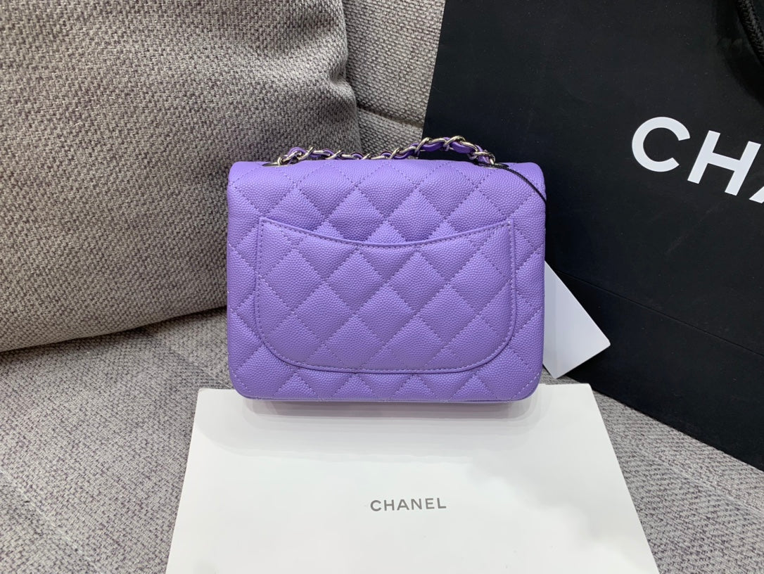 MINI SAC À RABAT CARRÉ 17 CM VIOLET CAVIAR QUINCAILLERIE ARGENTÉE