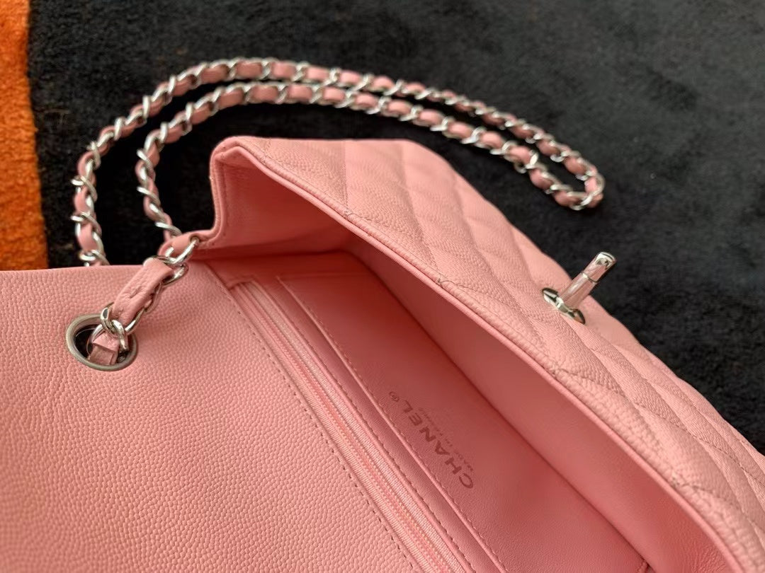 Bolso Mini con Solapa 20cm Piel Caviar Rosa Herrajes Plateados