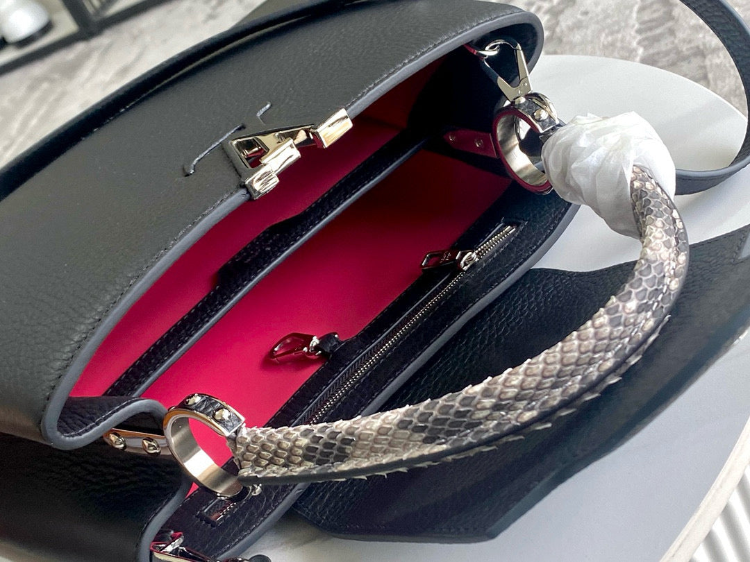 Capucines Bag Black Calfskin Leather Snake Top Handle Best Version
