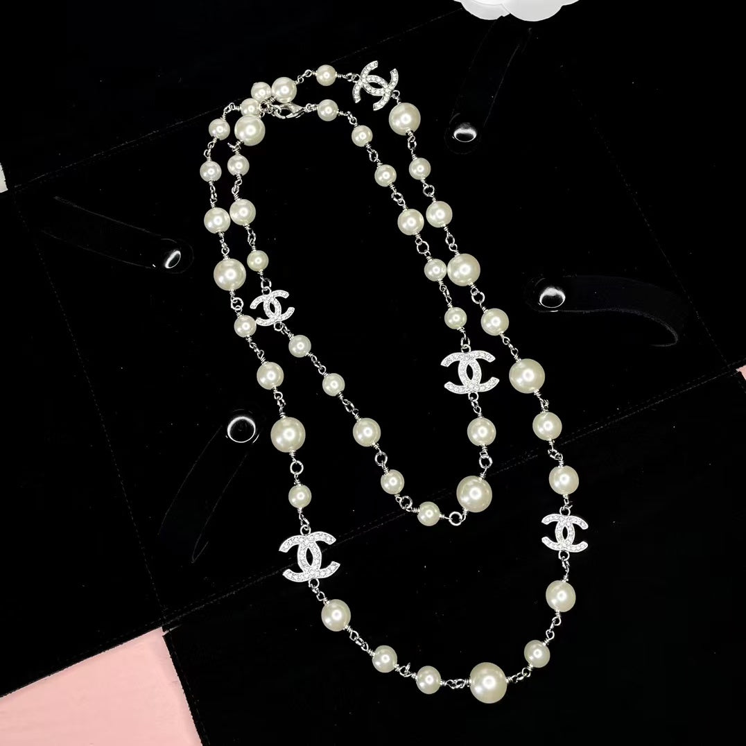 CC Pearl Silver Hardware Long Necklace 65cm with Crystals