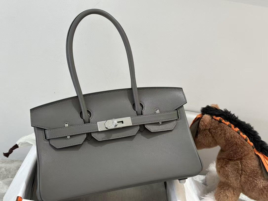 SAC À BANDOULIÈRE HM BIRKIN 29 CM EN CUIR DE VEAU GRIS FER QUINCAILLERIE ARGENTÉE