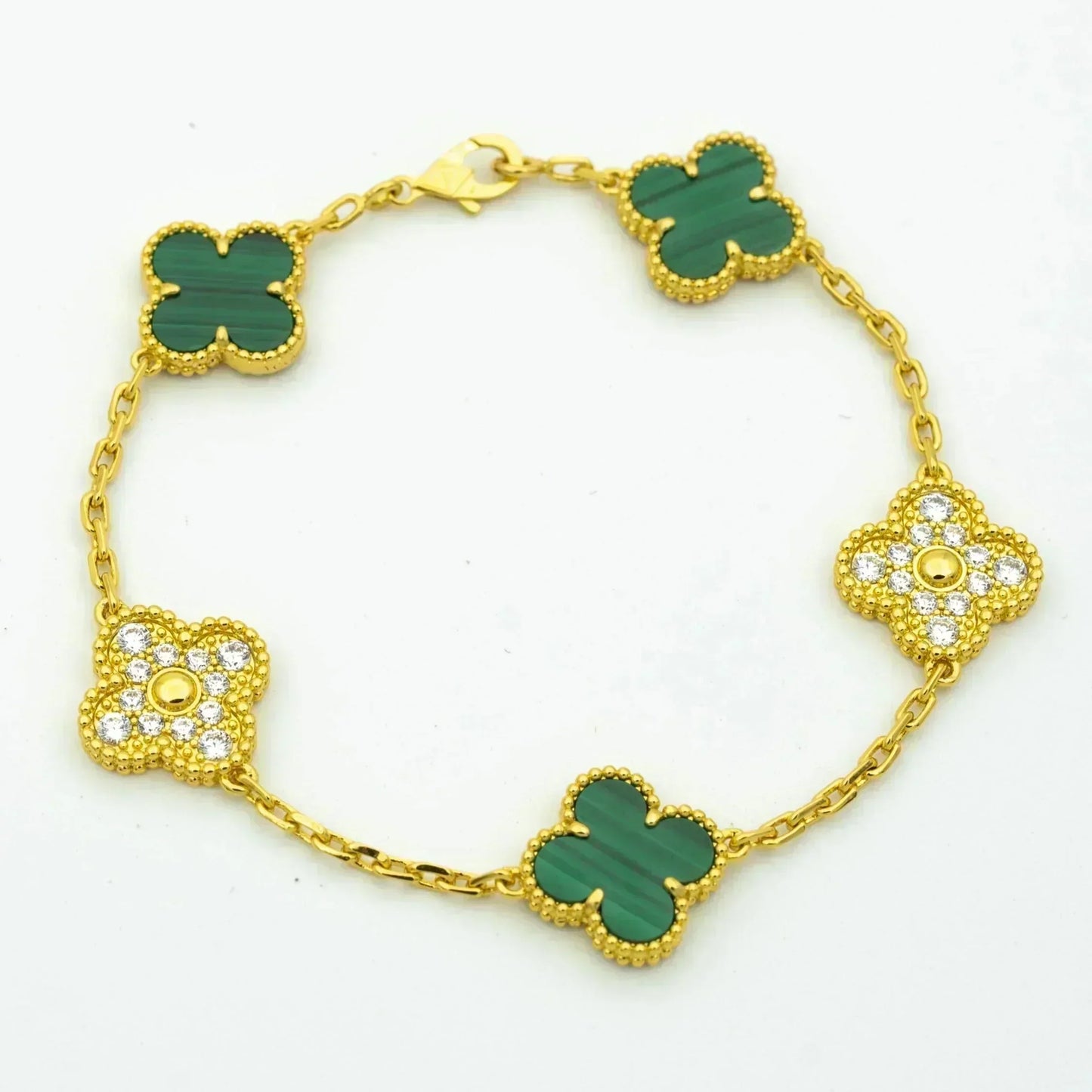 PULSERA DE DIAMANTES Y MALAQUITA CON 5 MOTIVOS DE TRÉBOL DE DIANA