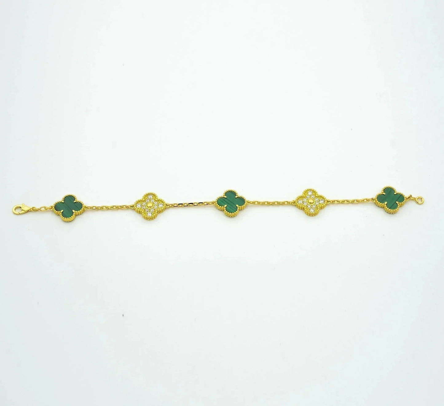 PULSERA DE DIAMANTES Y MALAQUITA CON 5 MOTIVOS DE TRÉBOL DE DIANA