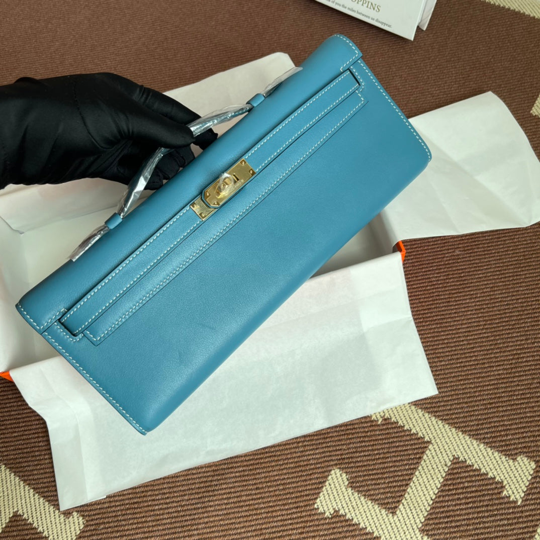 HM Kelly Cut 31cm Cuero Swift Azul Claro Ghw