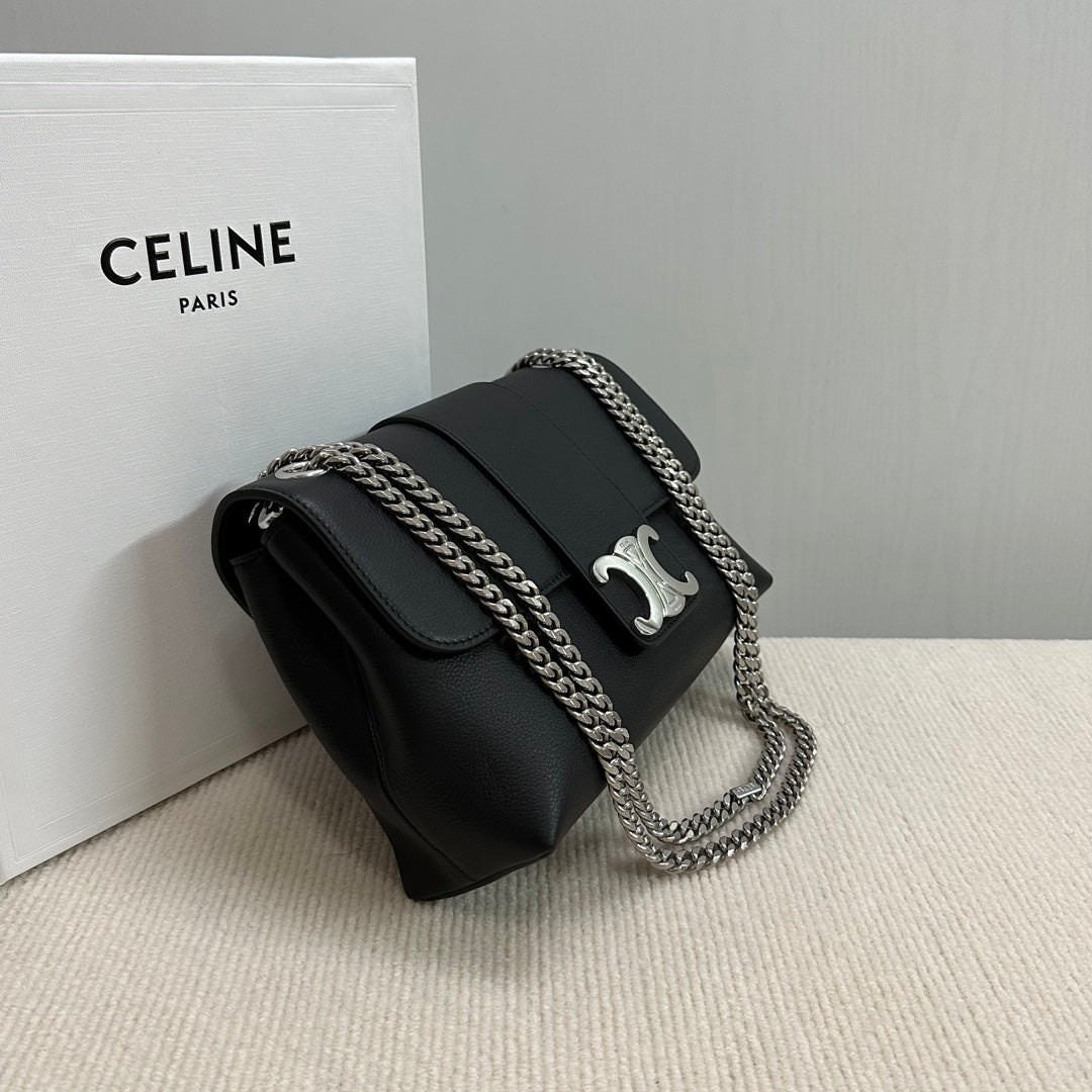 BOLSO MEDIANO VICTOIRE 25 EN PIEL DE BECERRO FLEXIBLE NEGRA, HERRAJES PLATEADOS