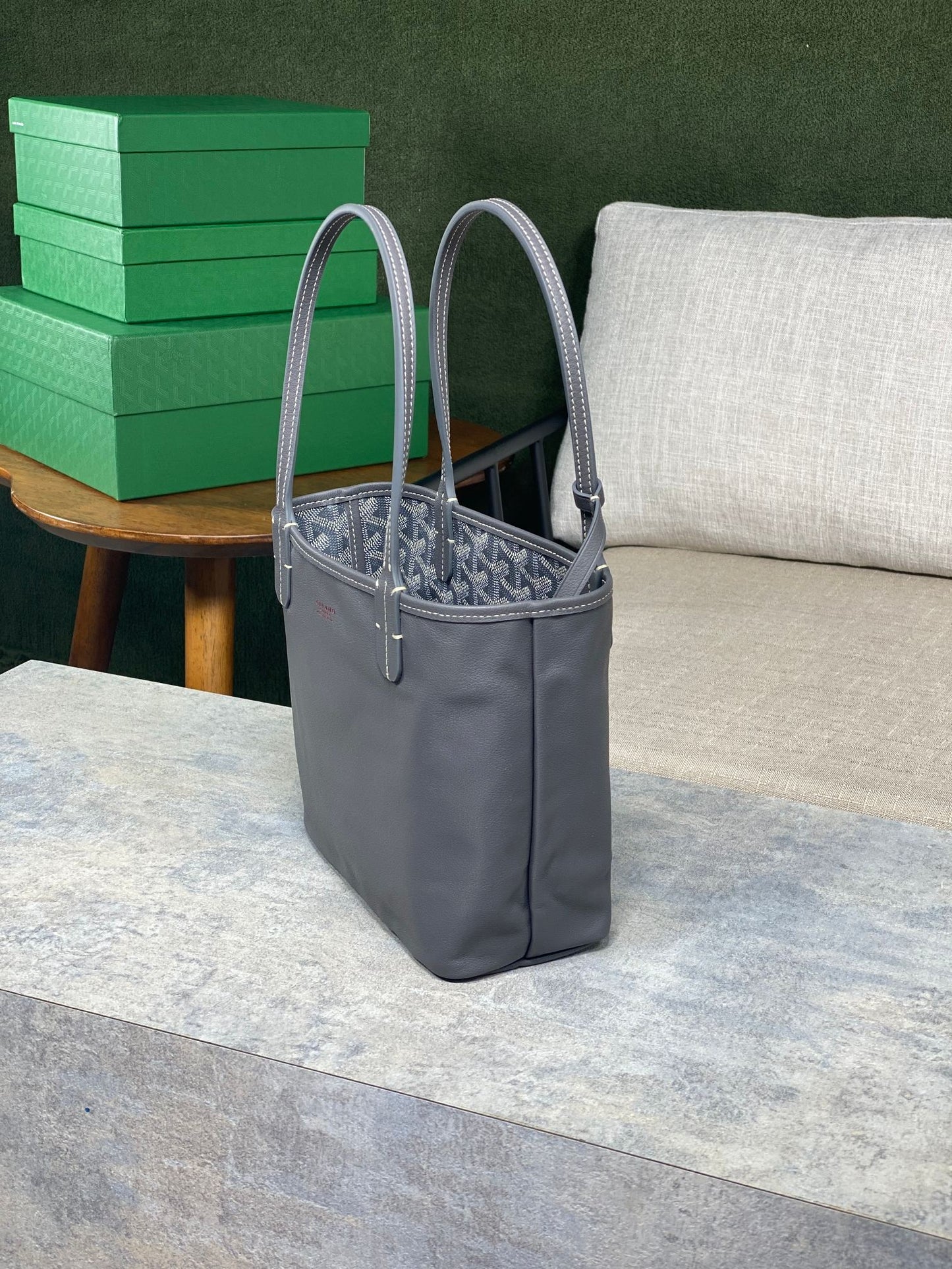 SAC ANJOU MINI 20 EN TOILE GOYARDINE GRISE ET CUIR DE VEAU