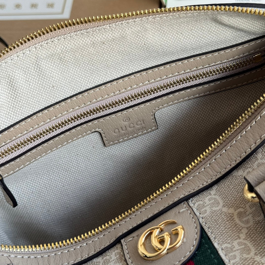 BOLSO PEQUEÑO OPHIDIA CON ASA SUPERIOR 26 EN LONA BLANCA BEIGE Y ADORNOS DE PIEL DE BECERRO COLOR AVENA CON HERRAJES DORADOS