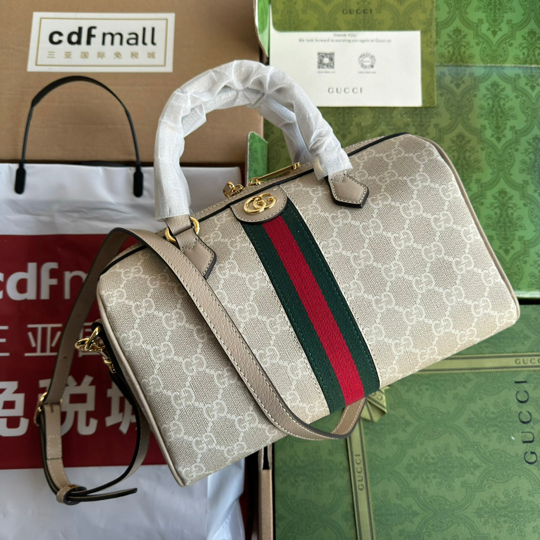 BOLSO PEQUEÑO OPHIDIA CON ASA SUPERIOR 26 EN LONA BLANCA BEIGE Y ADORNOS DE PIEL DE BECERRO COLOR AVENA CON HERRAJES DORADOS