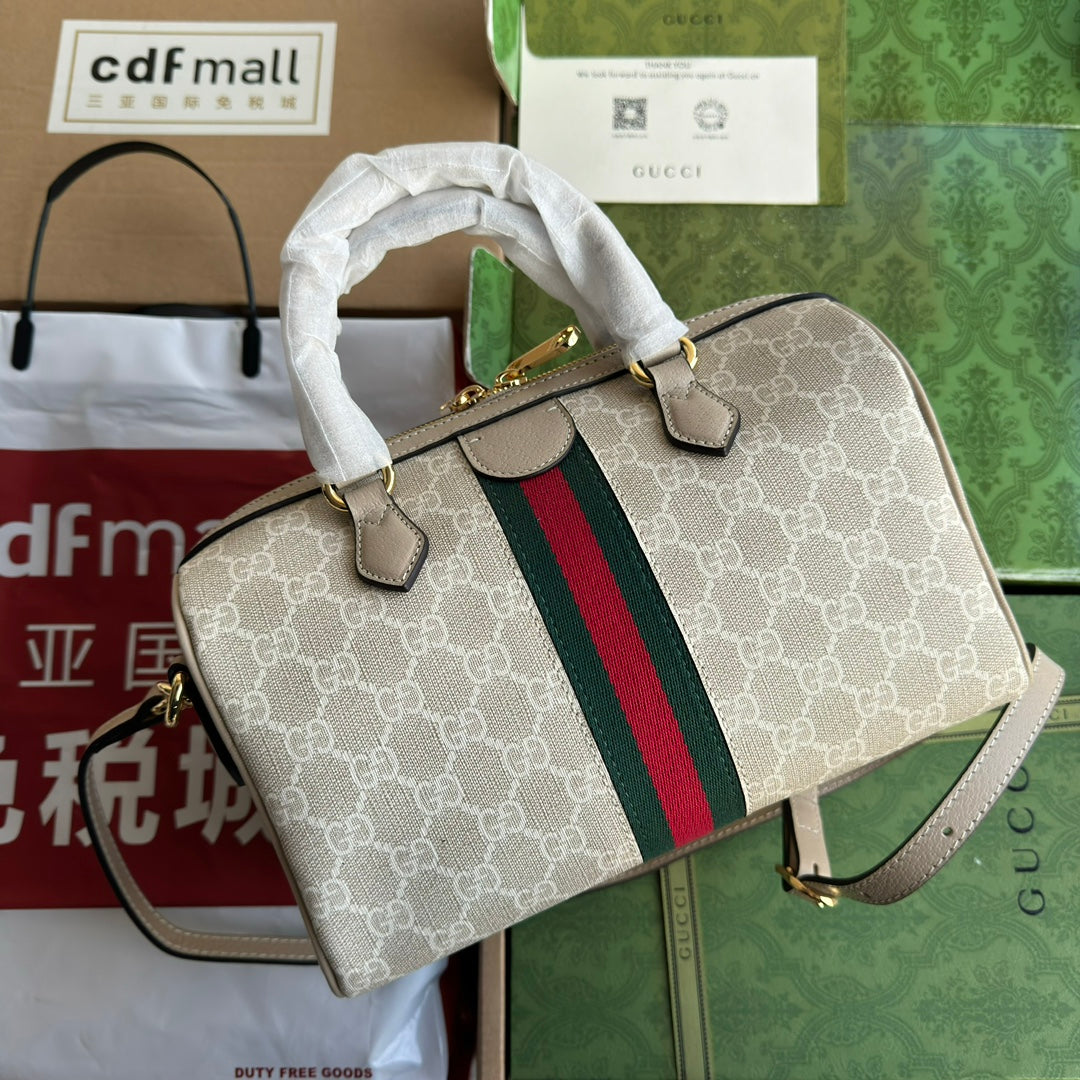 BOLSO PEQUEÑO OPHIDIA CON ASA SUPERIOR 26 EN LONA BLANCA BEIGE Y ADORNOS DE PIEL DE BECERRO COLOR AVENA CON HERRAJES DORADOS
