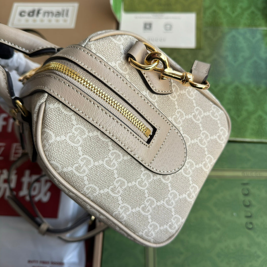 BOLSO PEQUEÑO OPHIDIA CON ASA SUPERIOR 26 EN LONA BLANCA BEIGE Y ADORNOS DE PIEL DE BECERRO COLOR AVENA CON HERRAJES DORADOS