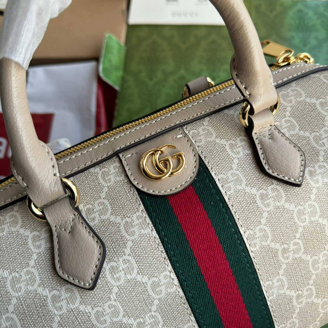 BOLSO PEQUEÑO OPHIDIA CON ASA SUPERIOR 26 EN LONA BLANCA BEIGE Y ADORNOS DE PIEL DE BECERRO COLOR AVENA CON HERRAJES DORADOS