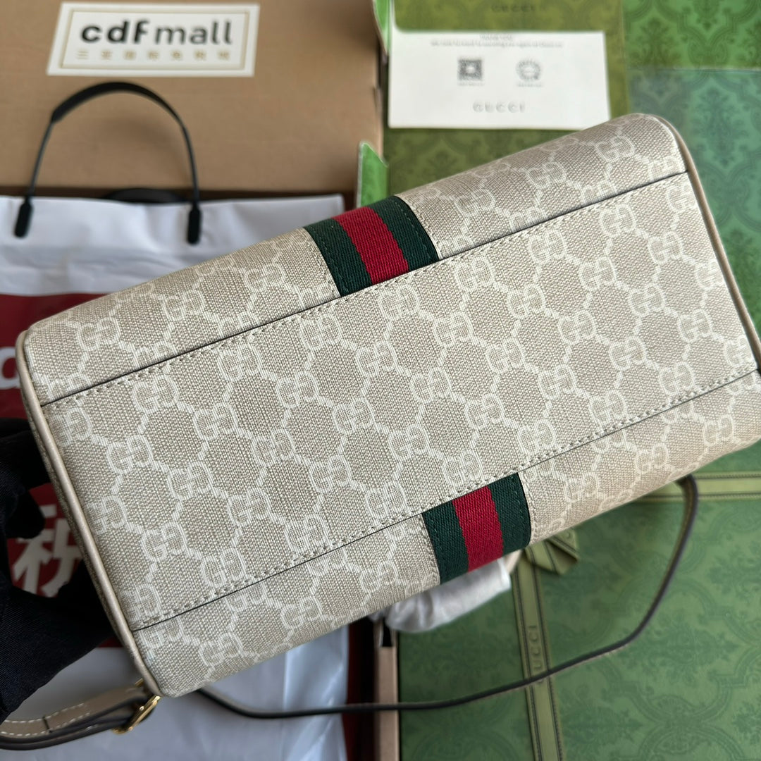 Petit sac à main OPHIDIA 26 pouces en toile beige et blanche, garniture en cuir de veau avoine, matériel doré