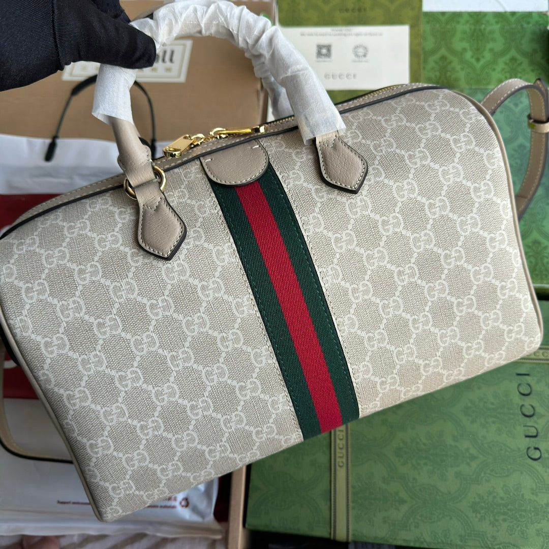 SAC À MAIN OPHIDIA MOYEN 31 EN TOILE BEIGE BLANCHE ET GARNITURE EN CUIR DE VEAU AVOINE, QUINCAILLERIE DORÉE