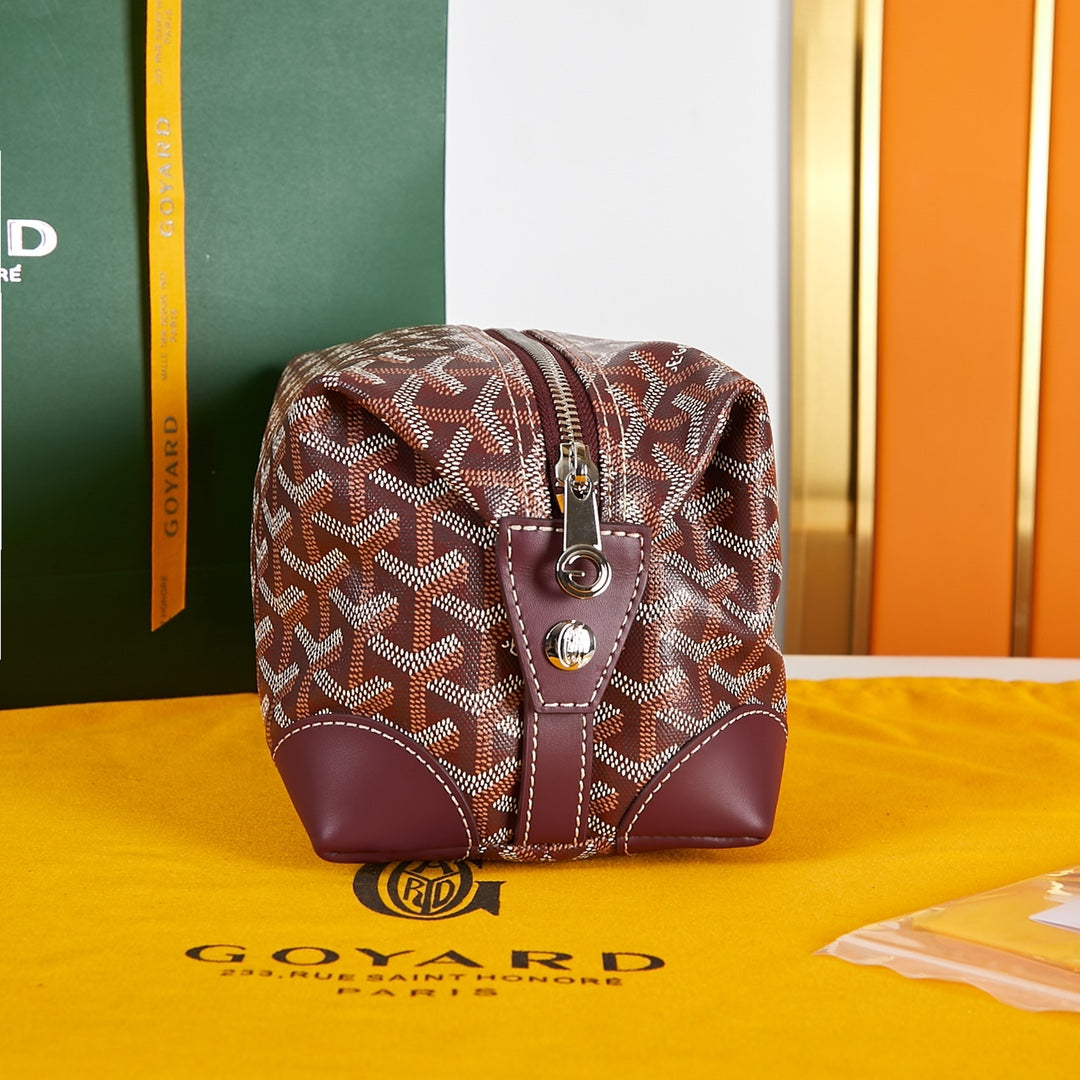 BOLSO DE ASEO BOWLING DE 24 PIEL DE BECERRO Y LONA GOYARDINE ROJO BURDEOS