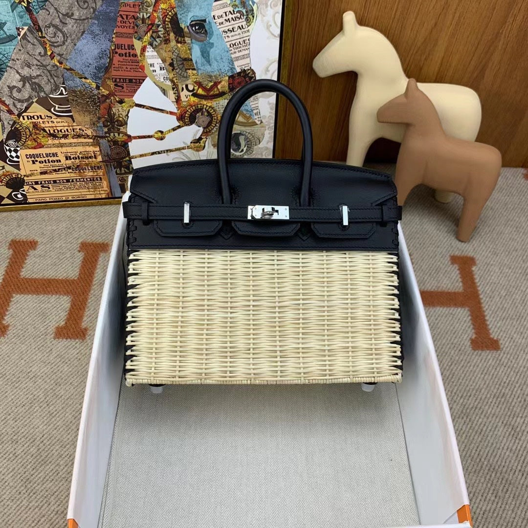 HM BIRKIN 25 CM PICNIC NEGRO BAMBÚ Y RATÁN