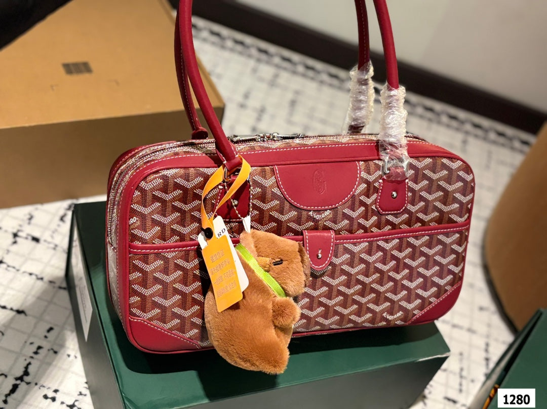 SAC SAINT MARTIN 35 EN TOILE GOYARDINE ROUGE BORDEAUX ET CUIR DE VEAU