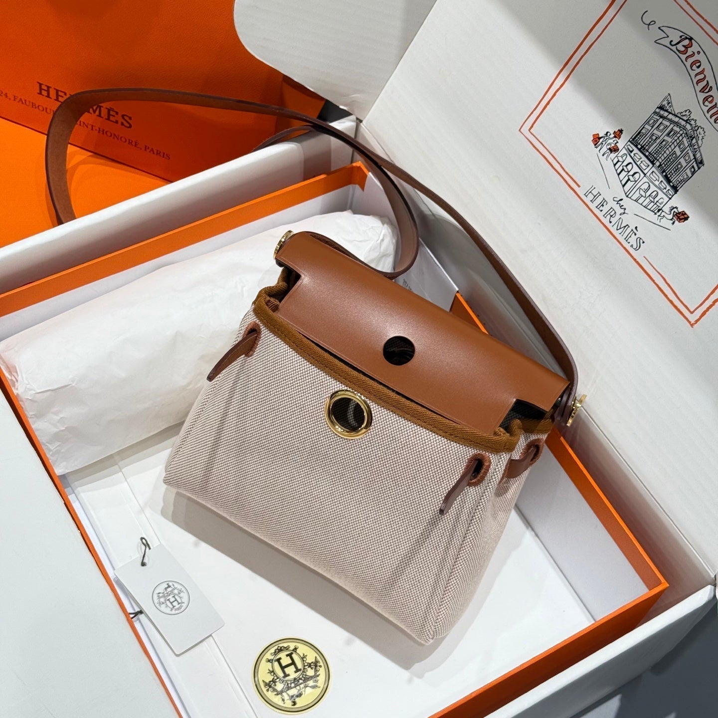 Mini sac Herbag HM Boucle dorée 20 cm Toile beige et cuir de vache Hunter 243221