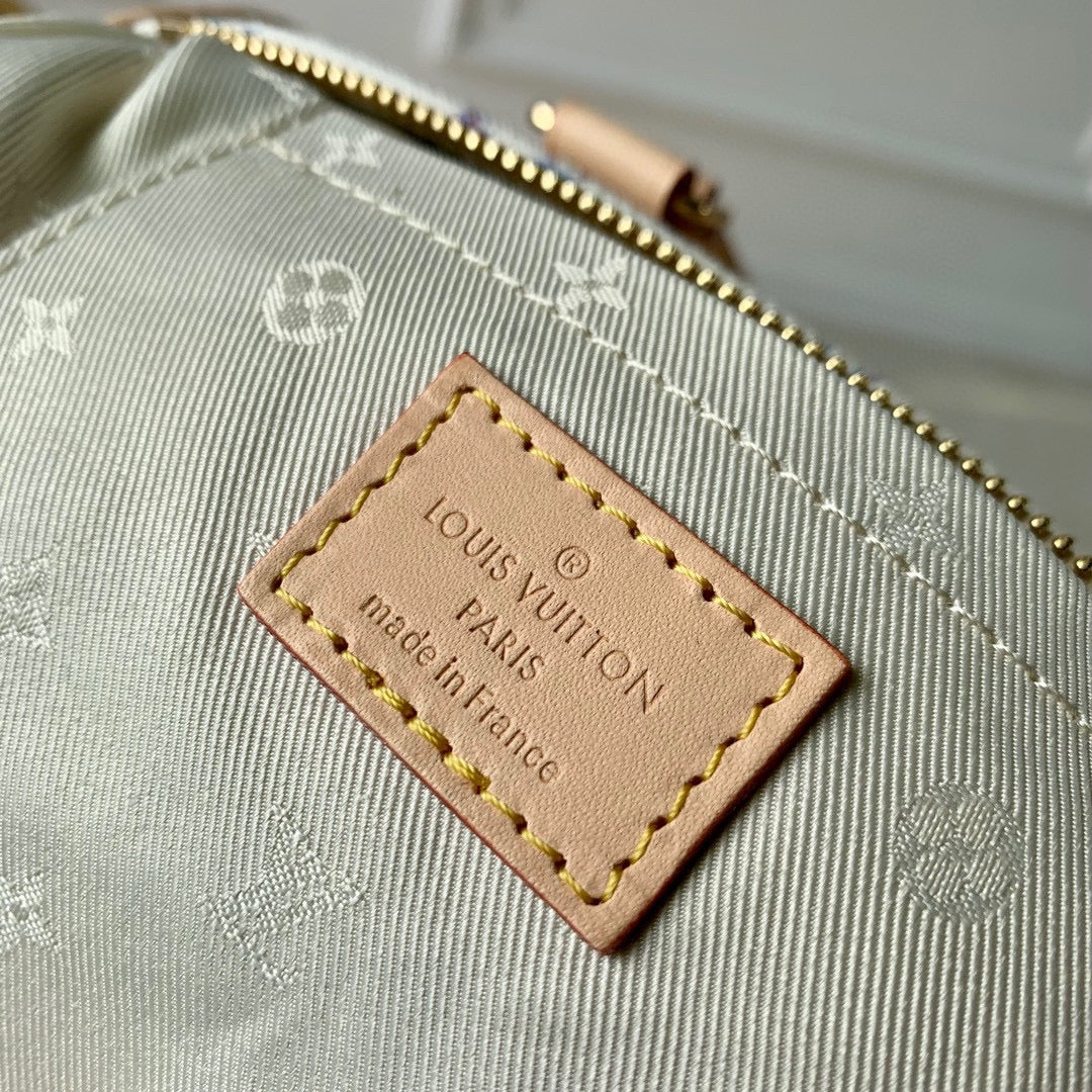 Lv Speedy Bandouliere 20 Beige Leather White Monogram jacquard fabric