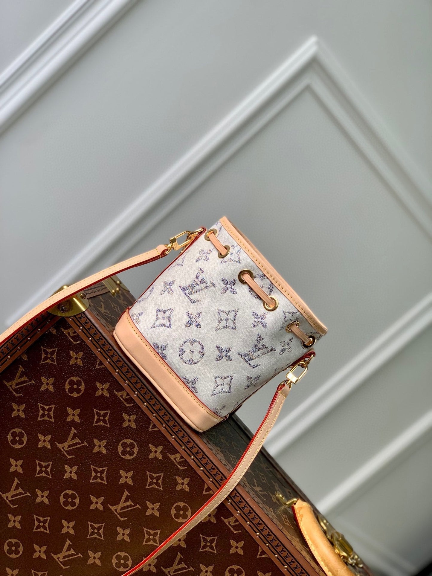 Nano Noe 13x16x10 Beige Leather White Monogram jacquard fabric