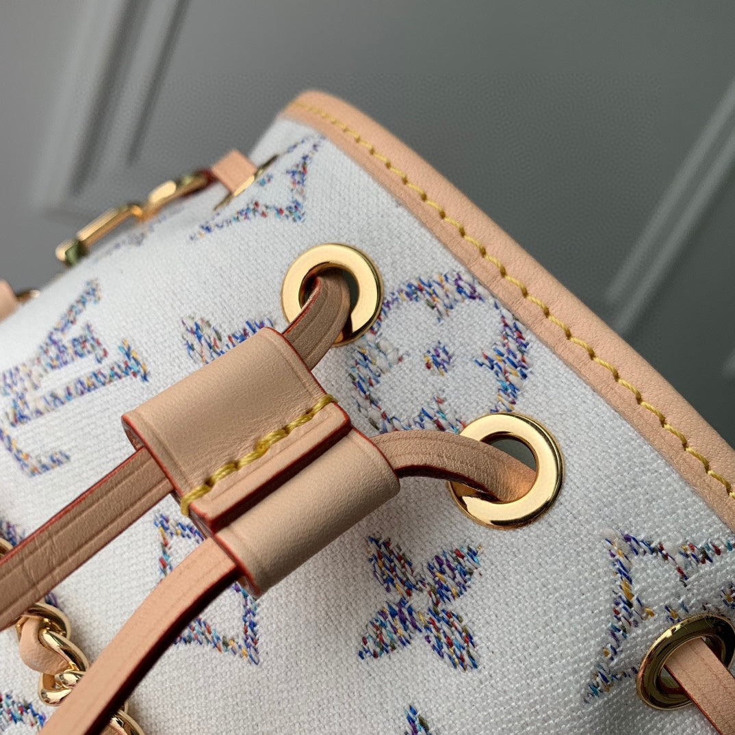 Nano Noe 13x16x10 Beige Leather White Monogram jacquard fabric