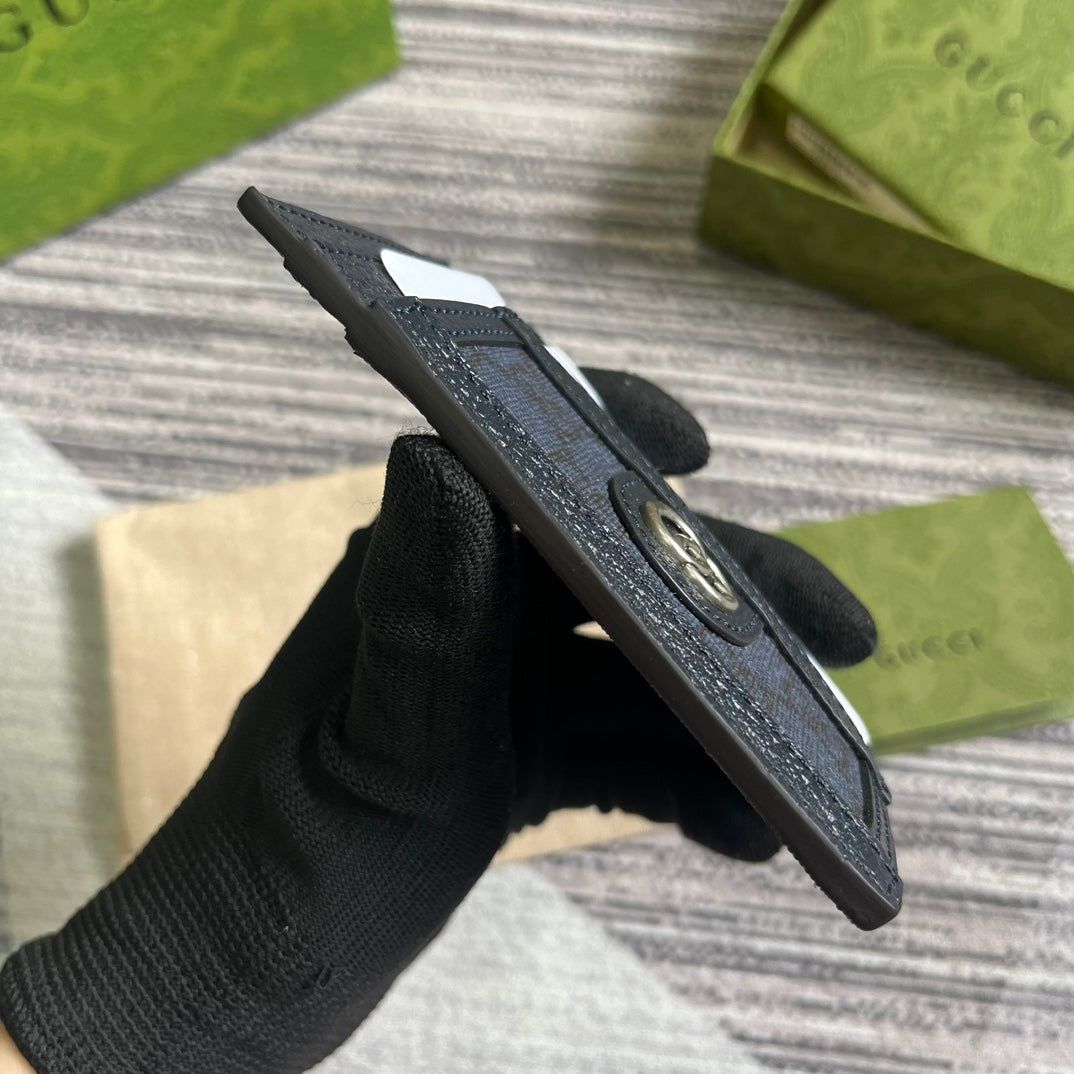 ÉTUI POUR 11 CARTES OPHIDIA GG EN TOILE BLEU FONCÉ ET CUIR DE VEAU NOIR