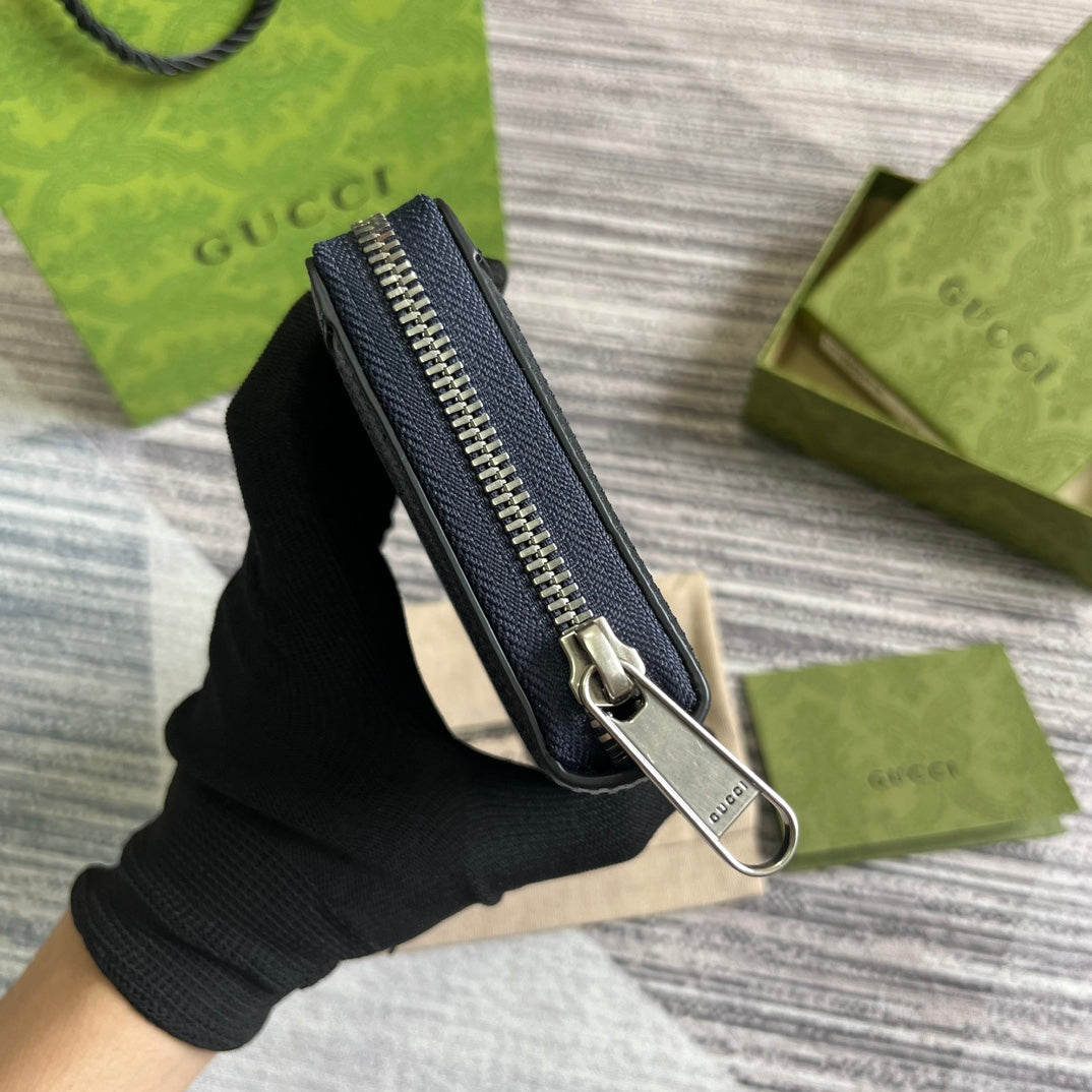 OPHIDIA GG 19 ZIP AROUND WALLET DARK BLUE CANVAS AND BLACK CALFSKIN