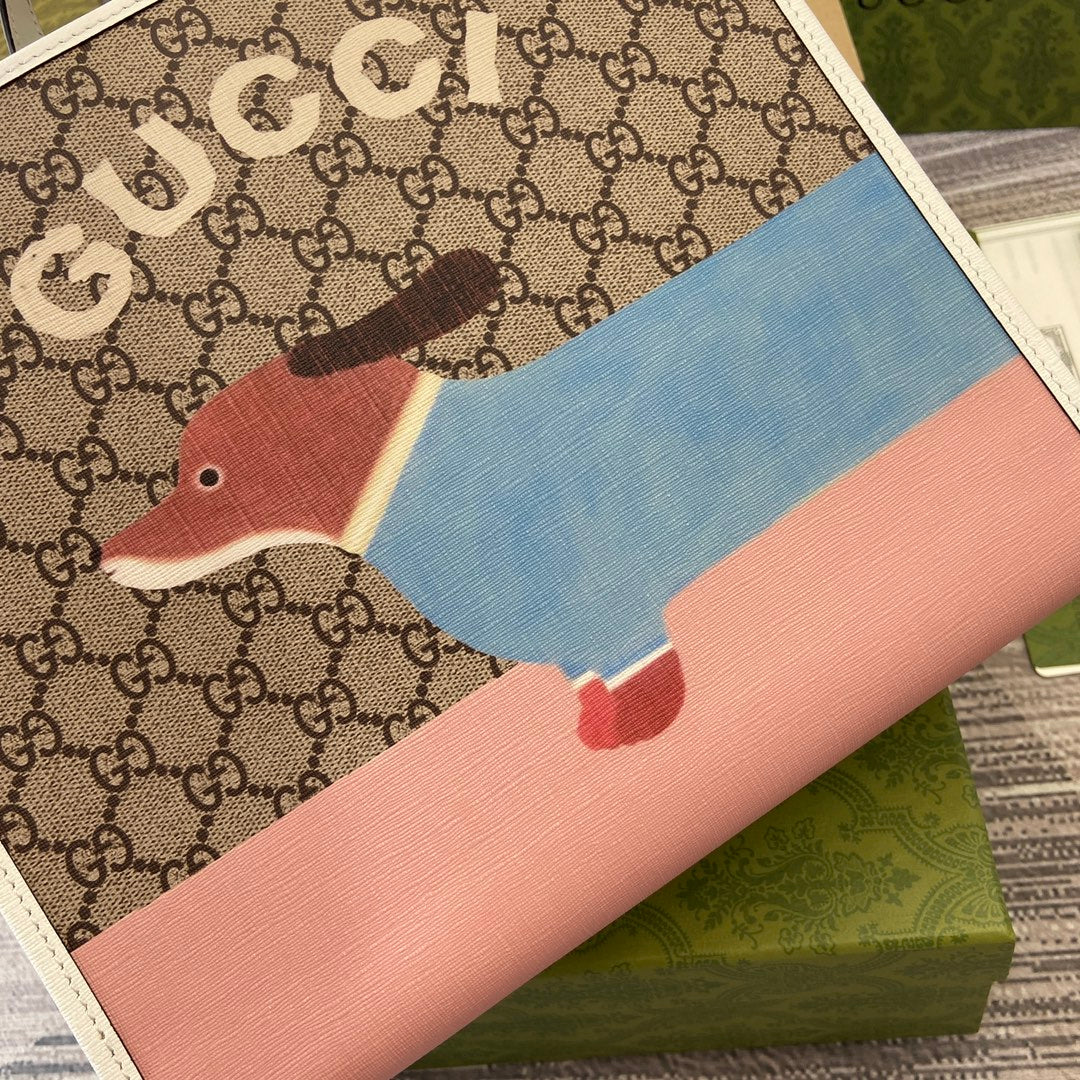 SAC CABAS ENFANT IMPRIMÉ CHIOT 28 EN TOILE BEIGE ET BORDURE EN CUIR DE VEAU BLANC