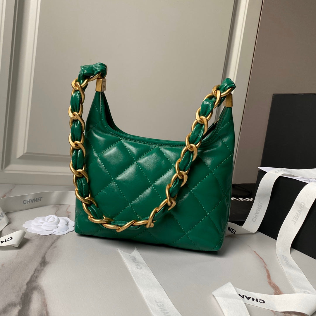 Bolso hobo 24a de 23 cm de piel de becerro verde con herrajes dorados