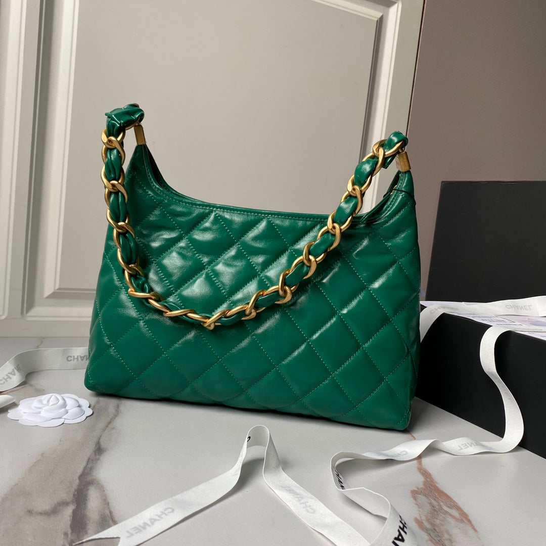 Bolso hobo 24a de 38 cm de piel de becerro verde con herrajes dorados