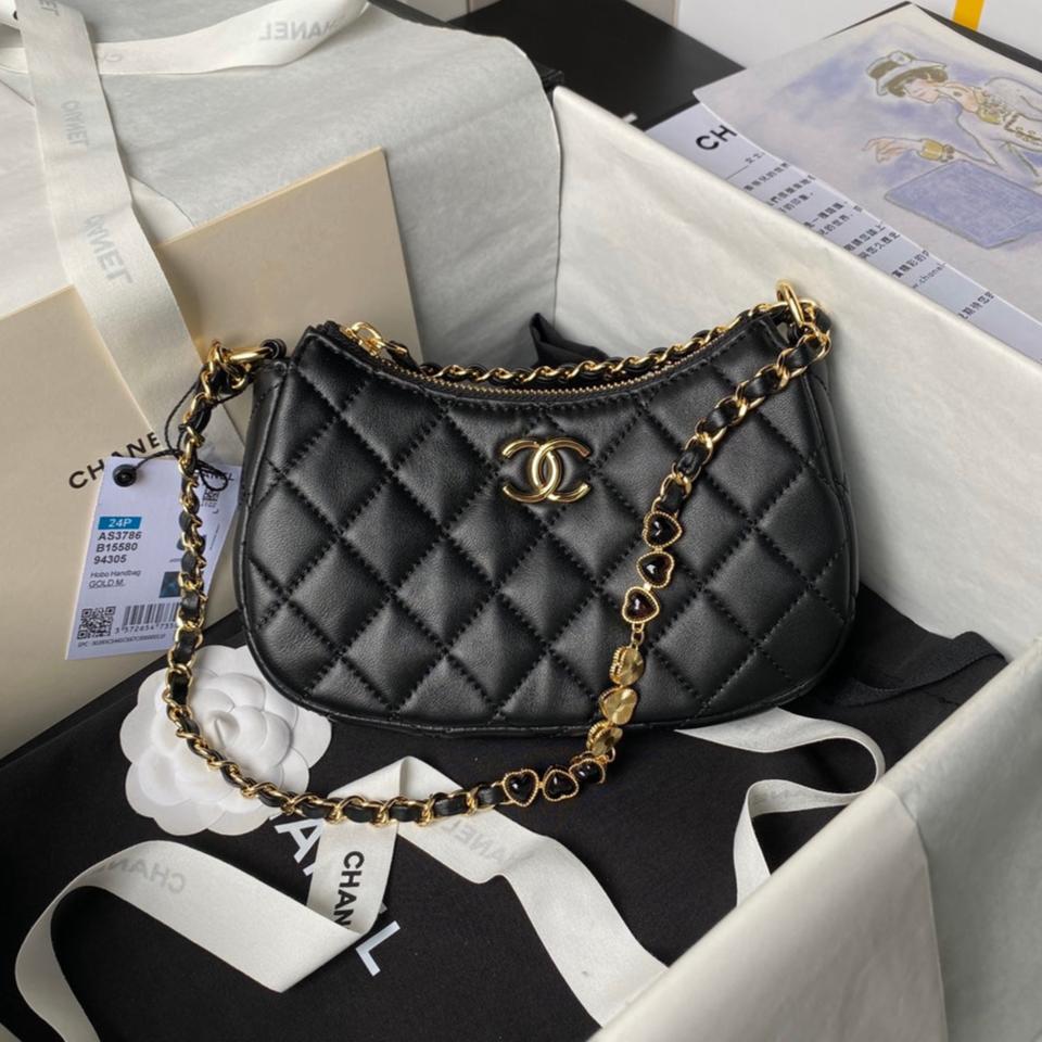 Bolso hobo cc de 24 peniques, 20 cm, piel de cordero negra, herrajes dorados