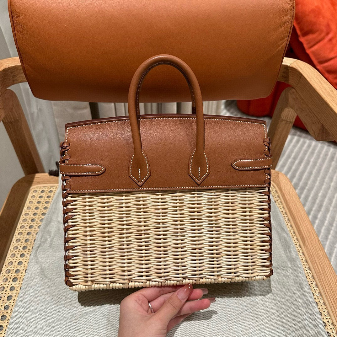 HM BIRKIN 25 CM PICNIC ORO BAMBÚ Y RATÁN