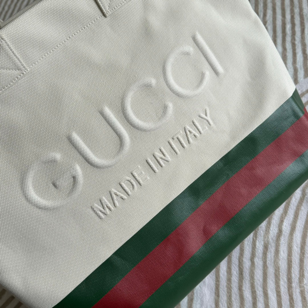 BOLSA TOTE 40 EN LONA BLANCA CON RIBETE DE TRIBANDA Y LOGO EN RELIEVE