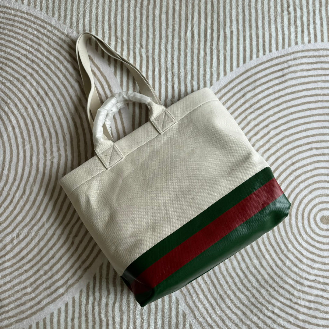 BOLSA TOTE 40 EN LONA BLANCA CON RIBETE DE TRIBANDA Y LOGO EN RELIEVE