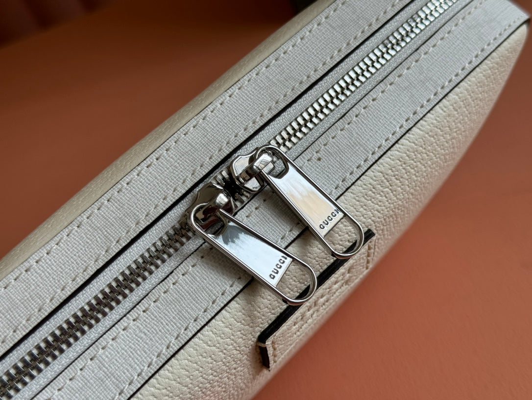 PETIT SAC BANDOULIÈRE 24 AVEC ÉTIQUETTE EN CUIR DE VEAU BLANC ET BORDURE EN TOILE