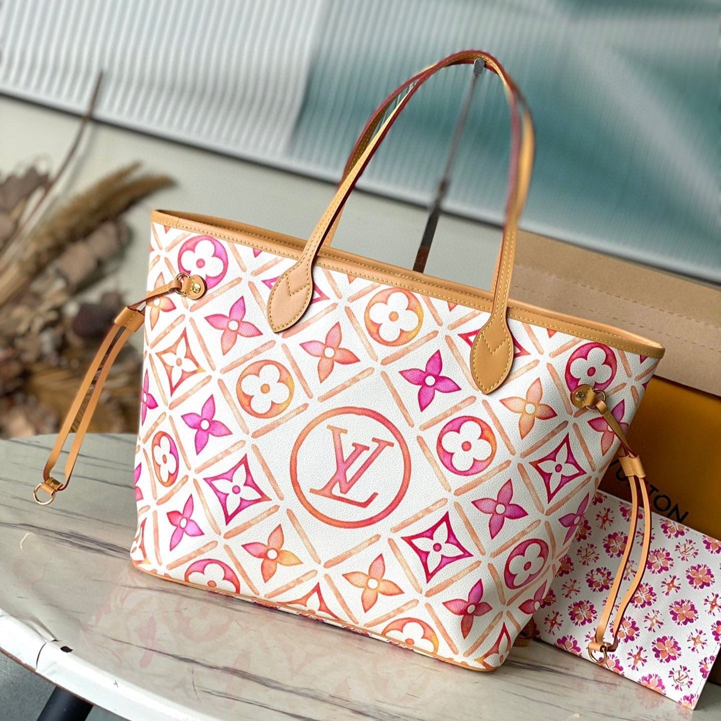 TOILE À CARREAUX MONOGRAMME CORAIL NEVERFULL MM 31 PO