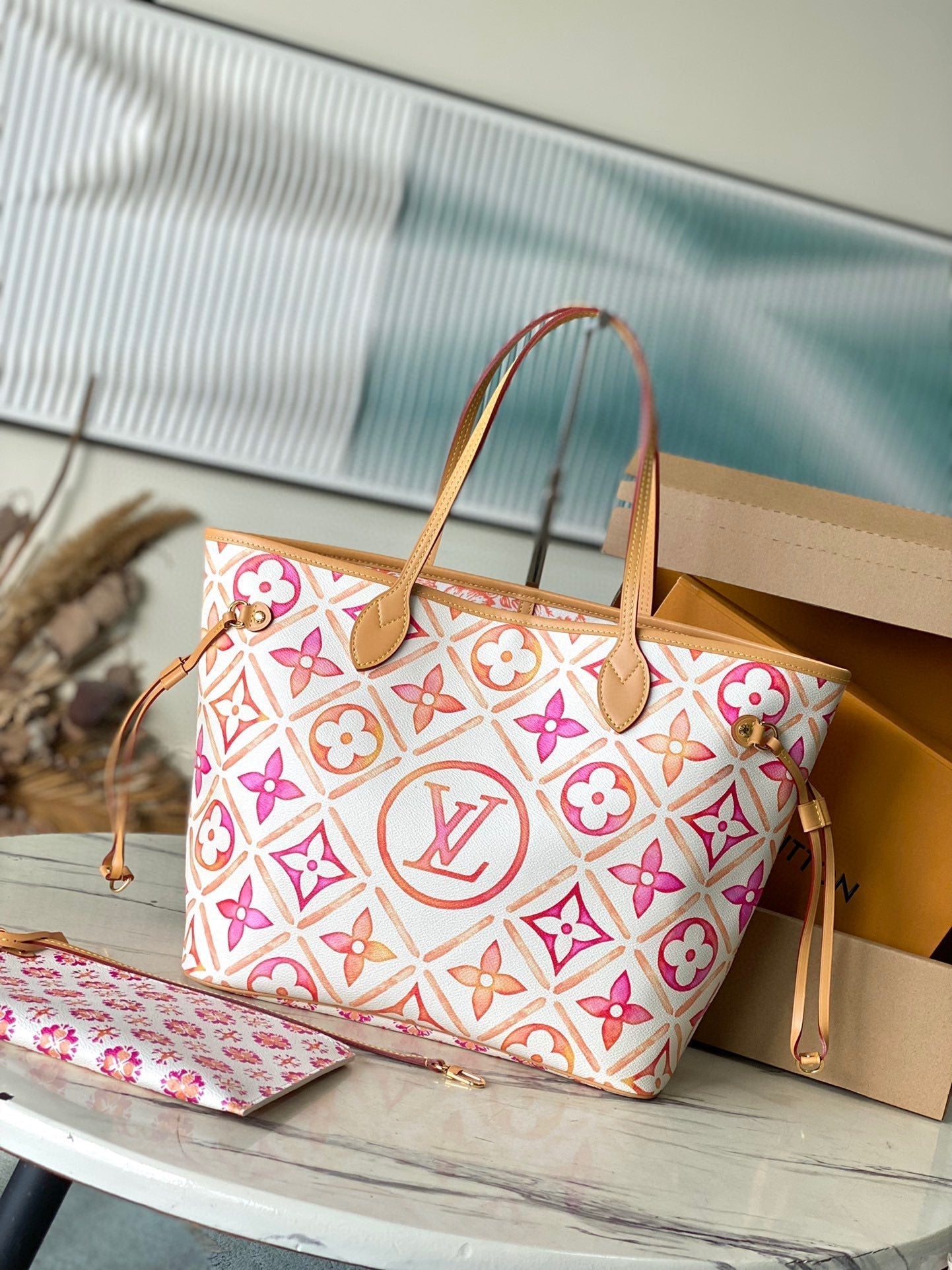 TOILE À CARREAUX MONOGRAMME CORAIL NEVERFULL MM 31 PO