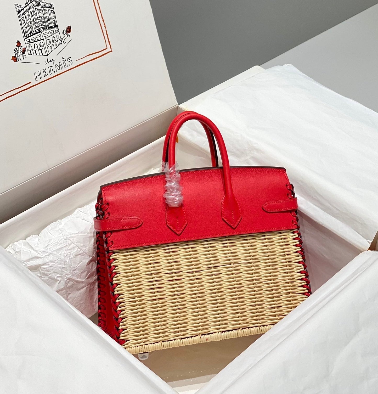 HM BIRKIN 25 CM PICNIC ROJO BAMBÚ Y RATÁN