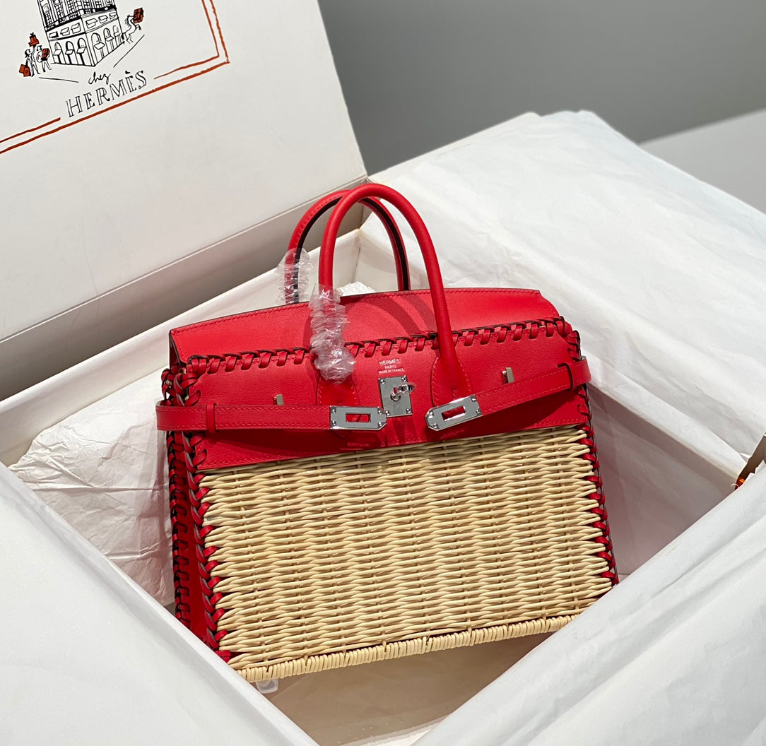 HM BIRKIN 25 CM PICNIC ROJO BAMBÚ Y RATÁN