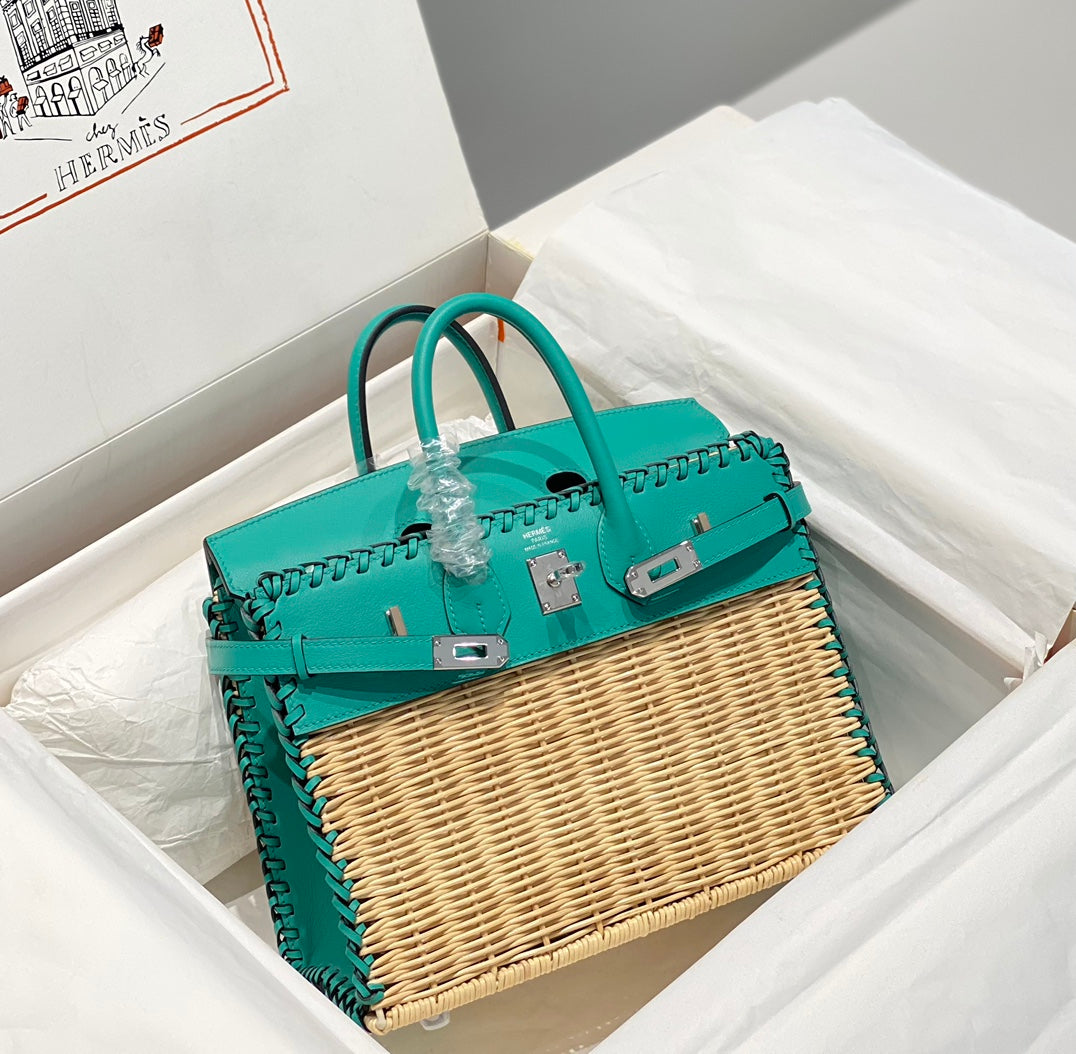 HM BIRKIN 25 CM PICNIC TURQUESA BAMBÚ Y RATÁN