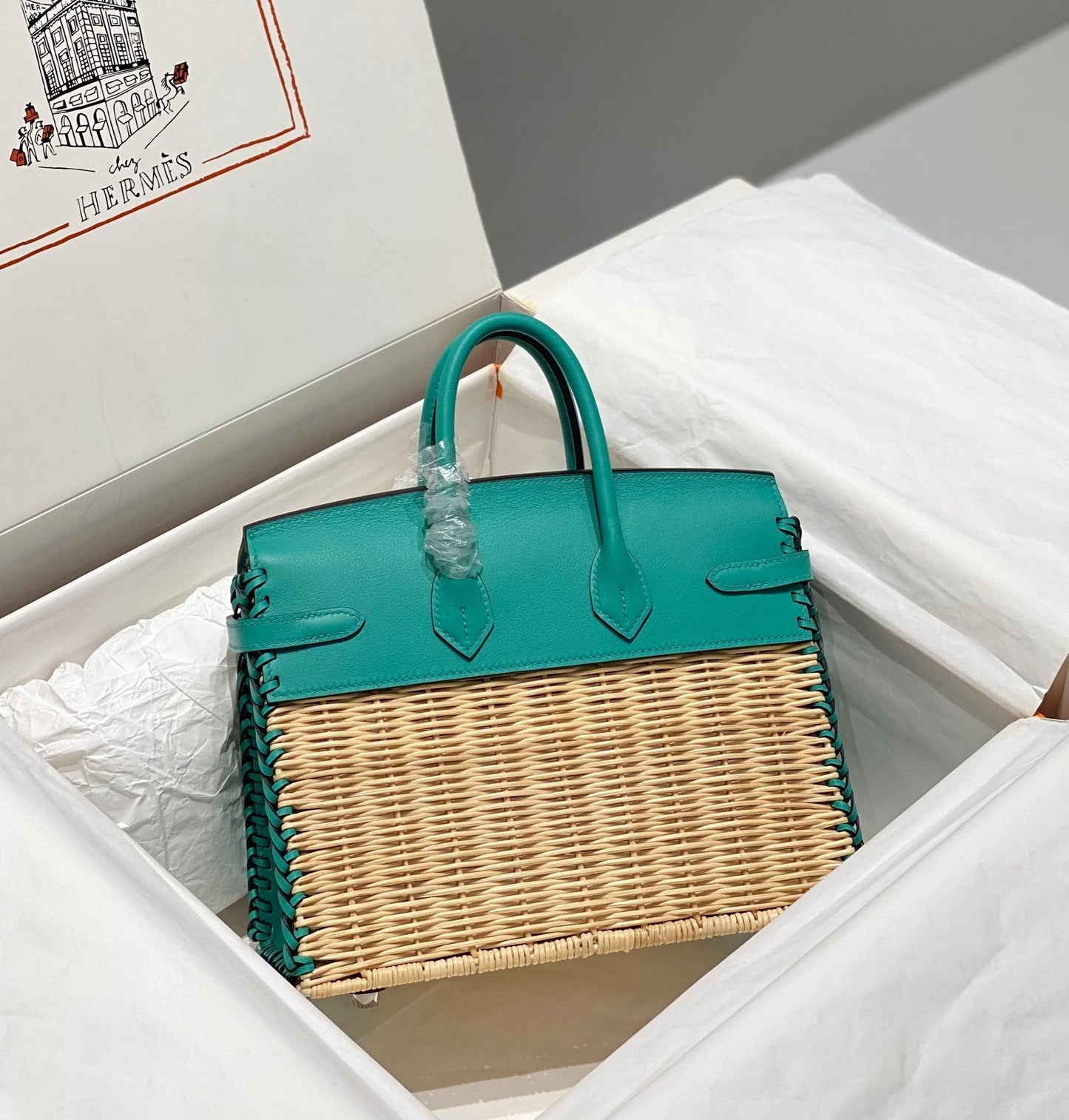 HM BIRKIN 25 CM PICNIC TURQUESA BAMBÚ Y RATÁN