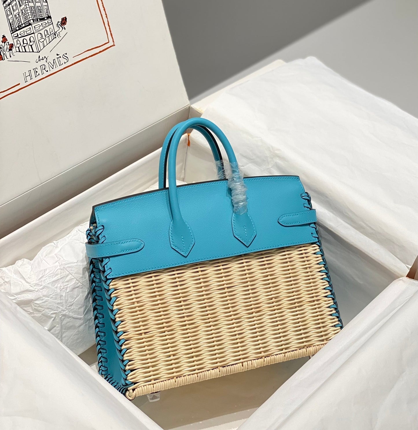 HM BIRKIN 25 CM PICNIC SKY BAMBÚ Y RATÁN