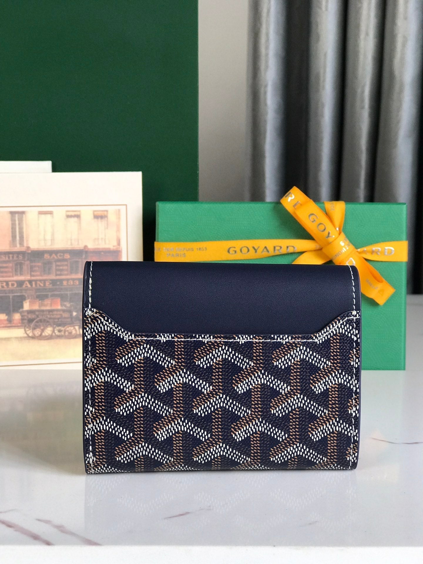 CARTERA SAINT-GABRIEL 12 EN PIEL DE BECERRO AZUL MARINO Y LONA GOYARDINE