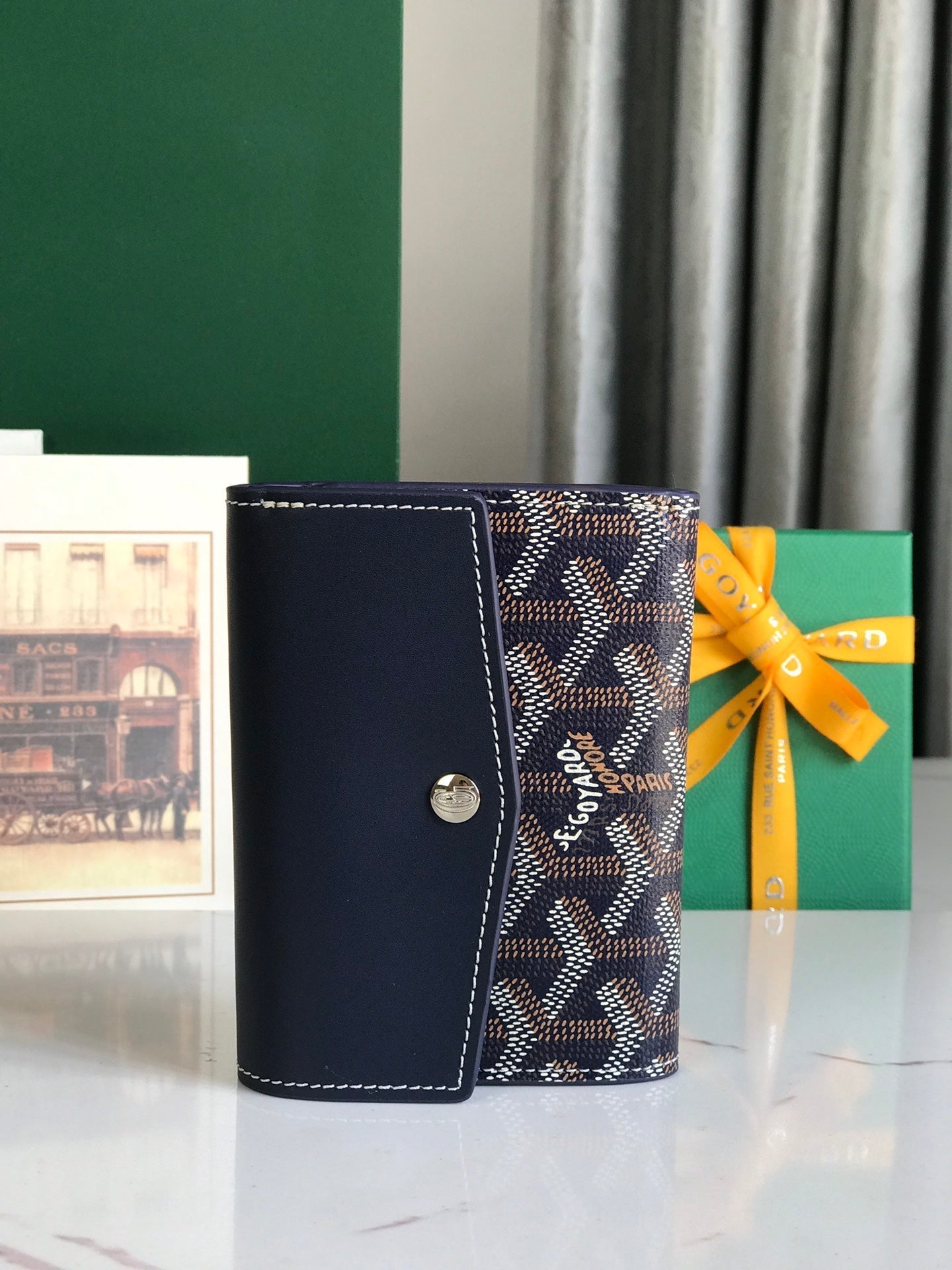 CARTERA SAINT-GABRIEL 12 EN PIEL DE BECERRO AZUL MARINO Y LONA GOYARDINE
