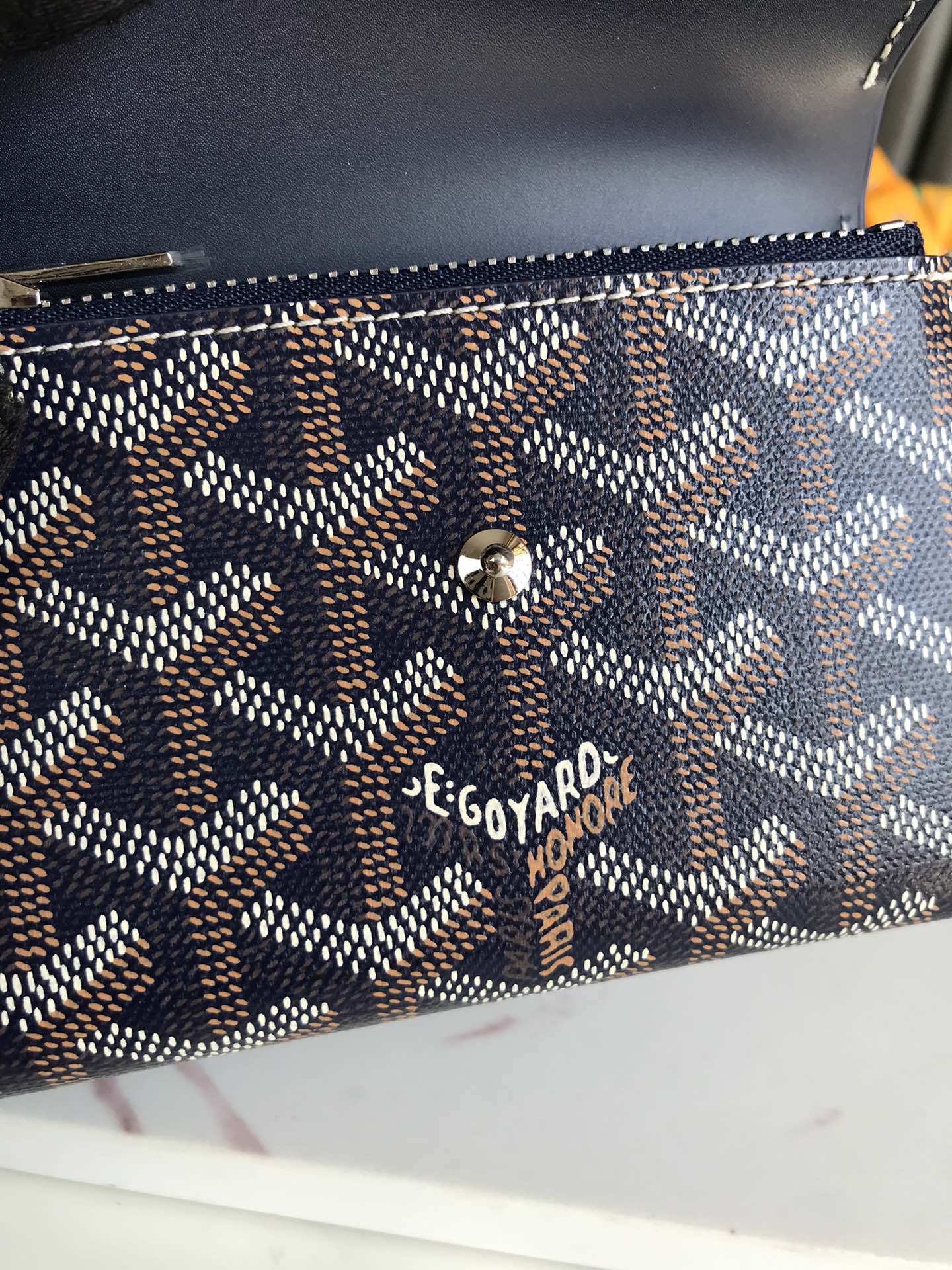 CARTERA SAINT-GABRIEL 12 EN PIEL DE BECERRO AZUL MARINO Y LONA GOYARDINE