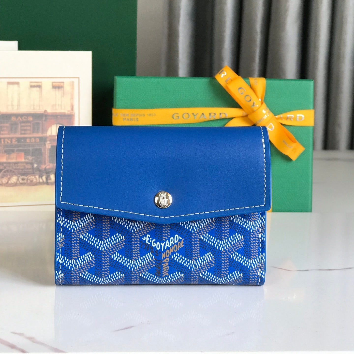 CARTERA SAINT-GABRIEL 12 EN PIEL DE BECERRO AZUL ZAFIRO Y LONA GOYARDINE