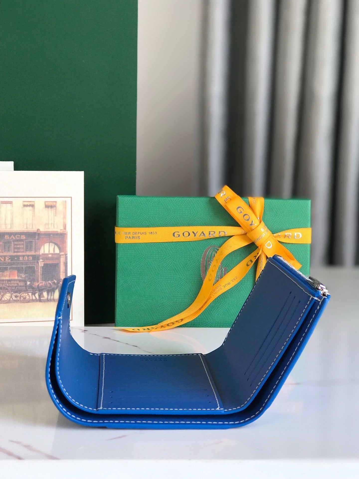 CARTERA SAINT-GABRIEL 12 EN PIEL DE BECERRO AZUL ZAFIRO Y LONA GOYARDINE