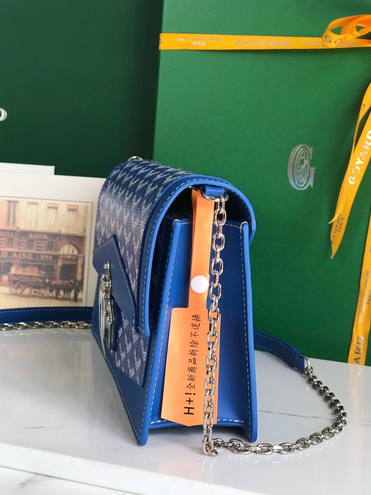 BOLSO DUCHESSE MARIE-CAROLINE 25 EN LONA GOYARDINE AZUL ZAFIRO Y PIEL DE BECERRO LISA
