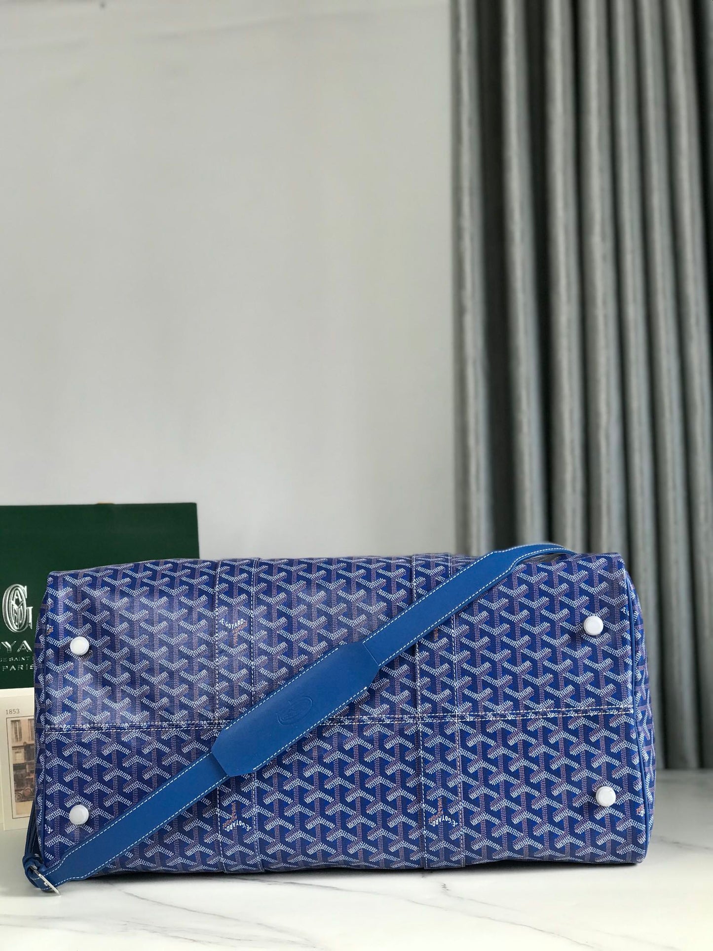 BOLSO BOSTON 50 EN LONA GOYARDINE AZUL ZAFIRO Y RIBETE DE PIEL DE BECERRO