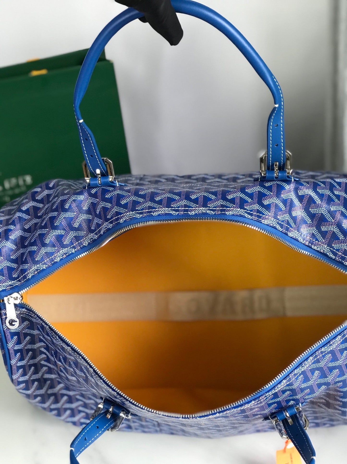 BOLSO BOSTON 50 EN LONA GOYARDINE AZUL ZAFIRO Y RIBETE DE PIEL DE BECERRO